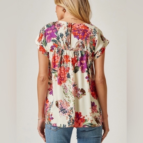 Andree By Unit Feminine Flowy Short Sleeve Colorful Floral Blouse Sz M - Picture 2 of 12